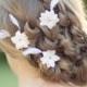 White Bridal Hair Flowers, Wedding Hair Accessories, Bridal Feather Flowers, Pearl, Rhinestone, Flower, Hair Pins - Set Of 3