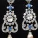 Art Deco Blue Bridal Earrings, Pearl Wedding Earrings, Long Blue Earrings, Rhinestone Blue Jewelry