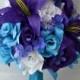 Purple White Turquoise (Malibu) - Wedding Bridal Bouquet Silk Flowers