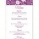 Wedding Menu Template DIY Menu Card Template Editable Text Word File Instant Download Purple Eggplant Menu Rose Printable Menu 4x7inch