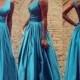 A-line V-neck Elastic Woven Satin Floor-length Ruffles Prom Dresses