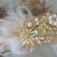 READY TO SHIP, Bridal Gold Heirloom hair accessory, Bridal hair clip, Pearl and Rhinestones, Crystals, Feather fascinator, Bridal headpiece