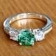 Lab Emerald and Lab diaomnd 3 stone trilogy ring - Solid Sterling silver - engagement ring - wedding ring