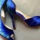 Something blue Wedding Shoes , painted Peacock Feather Shoes, sapphire blue shoes, sexy high heels shoes, deep blue custom painted shoes,