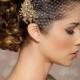 Bridal Veil and Gold Bridal Comb, Bandeau Birdcage Veil, Gold Blusher Bird Cage Veil - QUICK SHIPPER - Detachable gold crystal comb