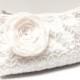 Bridal Bridesmaid Clutch Purse Rectangular Wristlet - Geometric Lace Overlay on Ivory Cream Satin with Flower Brooch