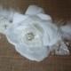 White Velvet Rose And Feather Clip And Brooch-Fascinator-Diamonds-Pearls-Wedding-Prom-Parties-Feathers.