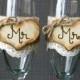 Mr. & Mrs. Glasses Champagne Flutes Rustic Woodland Shabby Chic Burlap and Lace
