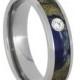 Blue Box Elder Burl Wood Ring, 14k White Gold Bezel Set Diamond Ring, Titanium Wedding Band