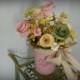 Mason Jar Bouquet -  Tea Stained Ribbon Bow - - Blush pink, ivory, green - Weddings, anniversaries, birthdays, parties -