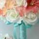 Bridal Bride Bouquet Groom Boutonniere Wedding Elegant Set Roses CORAL Robin's Egg BLUE "Lily of Angeles"