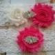 Wedding Garter, Bridal Garter, Garter -  Ivory/Hot Pink Flowers on a Stretch Ivory Lace with Rhinestones - Style G30007