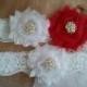 Wedding Garter, Bridal Garter, Garter - White/ Red Flowers on a White Lace with Pearl & Crystal Rhinestone - Style G778