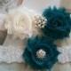 Wedding Garter, Bridal Garter, Garter -  Ivory/Teal Flowers on a Stretch Ivory Lace with Pearls & Rhinestones - Style G30040