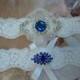 Wedding Garter, Bridal Garter, Garter - Something Blue Crystal Rhinestone on a White Lace - Style G275
