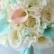Bridal Bouquet Silk Flower 17 Piece Package Wedding Bride Maid Honor Bridesmaid Boutonniere Corsage Robin's Egg Blue PEACH "Lily of Angeles"