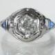 Antique Diamond Filigree Ring With Synthetic Sapphire Accents- Engagement Ring