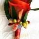 Fall weddings groom or groomsmen boutonniere, persimmon and burnt orange rose bud boutonniere