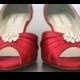Red Wedding Shoes / Bride on Budget Wedding Shoes / Peeptoes / Wedding Shoes Low Heel / Silver Crystal Bridal Shoes