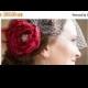 On Sale Scarlet Red bridal hair accessories , bridal hair flower, wedding veil Floral Fascinator with birdcage bandeau veil
