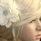 Ivory Bridal veil vail and Vintage inspired detachable hair flower Fascinator Blusher Wedding Reception - Evelyn