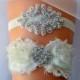 Crystal Garter Set, Wedding Garter Set Ivory White Shabby Chic Flower Bridal Garter Set Vintage Wedding Crystal Rhinestone Toss Garter Set