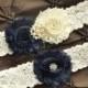 ON SALE Wedding Garter Belt, Bridal Garter Set - Ivory Lace Garter, Keepsake Garter, Toss Garter, Shabby Chiffon Ivory Navy Blue, Something
