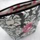 Makeup Bag - Cosmetic Bag  - Large Monogrammed and Wipeable - 1 letter monogram included - Black Damask with Dark Pink Accents