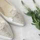 Wedding Shoes Art Deco White or Ivory Flapper 20s Crystals and Pearls Embellishment Kitten Heel Silk Satin Bridal Shoes
