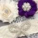 Wedding Garter Set Bridal Garter Set Eggplant Dark Purple Lace Garter Set Rhinestone Crystal Bow Ivory Lace Garter GR176LX