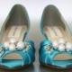 Blue Wedding Shoes -- Mermaid Blue Peeptoe Wedding Shoes with Pearl and Rhinestone Adornment