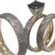 Yellow Gold Meteorite Ring Set, Black Diamond, Princess Cut Diamond, His and Hers Meteorite Wedding Bands