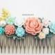 Floral Wedding Hair Comb for Bride, Bridal Headpiece, Coral Peach Pink Turquoise Pastel Blue Romantic Hair Slide Woodland Hair Accessories