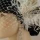 Wedding Bridal Fascinator, Bridal Fascinator, Feather Fascinator, English Net Veil, Diamante Crystal Rhinestone Brooch, Vintage Bride