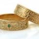 14k Gold Wedding Band Set, his and hers matching bands, Art Deco Engraved Floral pattern, Vintage scrolls band set with green emeralds