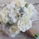 White Rose and Hydrangea Wedding Bouquet with Silver Brunia and Dusty Miller