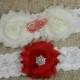Detroit Red Wings Wedding Garter, Bridal Garter and Toss Garter Set, NHL Hockey Sports Red and Ivory Flower Garters