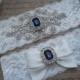 SALE--OLIVIA Style B-Wedding Garter Set, Bridal Garter Set, Something Blue, Ivory Lace Garter, Blue Garter