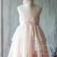 2015 Blush Pink Junior Bridesmaid Dress, Illusion neck Ruffle Flower Girl Dress, Peach Rosette dress, Puffy dress,Floral headdress (HK117)