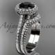 platinum diamond floral wedding set, engagement ring with a Black Diamond center stone ADLR101S