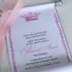 Princess birthday invitation scroll with royal crown in pink and silver