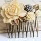Gold Ivory Rose, Cream, Grey, Gold Leaf and Pearl Hair Comb. vintage style hair comb, bridesmaid hair comb, wedding hair accessory