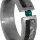 Emerald Wedding Band or Mens Engagement Ring, Titanium Ring With Dinosaur Bone And Meteorite Inlays, Tension Set Emerald Ring