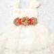 Coral Burlap Lace Flower Girl Dress -Ivory Lace Cap Sleeve Dress -Rustic Flower Girl Dress- Shabby Chic Dress - Burlap Lace Dress