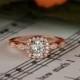 3/4 Carat Halo Vintage Engagement Ring, Man Made Diamond Simulants, Art Deco, Wedding, Bridal, Promise Ring, Sterling Silver & ROSE Gold