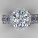 Platinum Forever Brilliant Moissanite & Genuine Diamonds/ Blue Sapphires .55ctw Engagement Ring 8.5mm Round Moissanite Center Anniversary