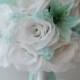 Bridal Bouquet Silk Flower Wedding 17 Piece Package Bride Maid Honor Bridesmaid Boutonniere Corsage Robin's Egg BLUE WHITE "Lily of Angeles"