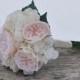 Peach English Garden Rose with Champagne, Ivory Hydrangea Bride Wedding Bouquet made with silk flowers, Holly's Flower Shoppe.