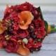 Vibrant Fall Wedding Bouquet, Keepsake Bouquet, Bridal Bouquet, made with Silk Orange Calla Lily, Red Rose, Ranunculus and Berries.