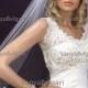 Wedding lace veil in Fingertip length veil with alencon lace starting at waist, bridal lace veil with gathered top on a comb classic look